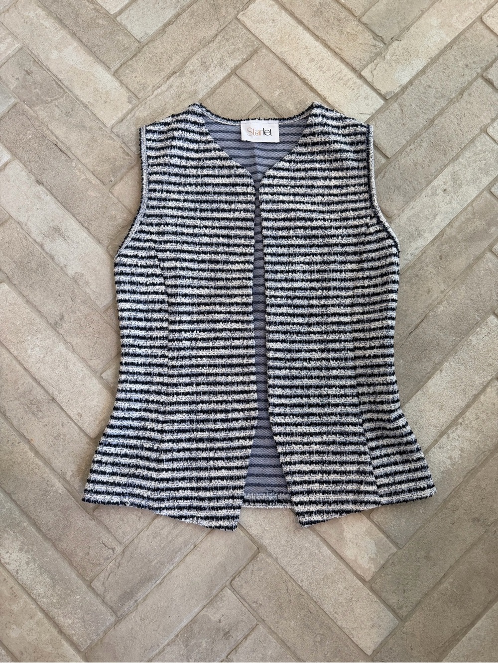 Starlet Navy Blue White Bouclé Vest Metallic Thread Open Front Sleeveless Blazer - Picture 2 of 6
